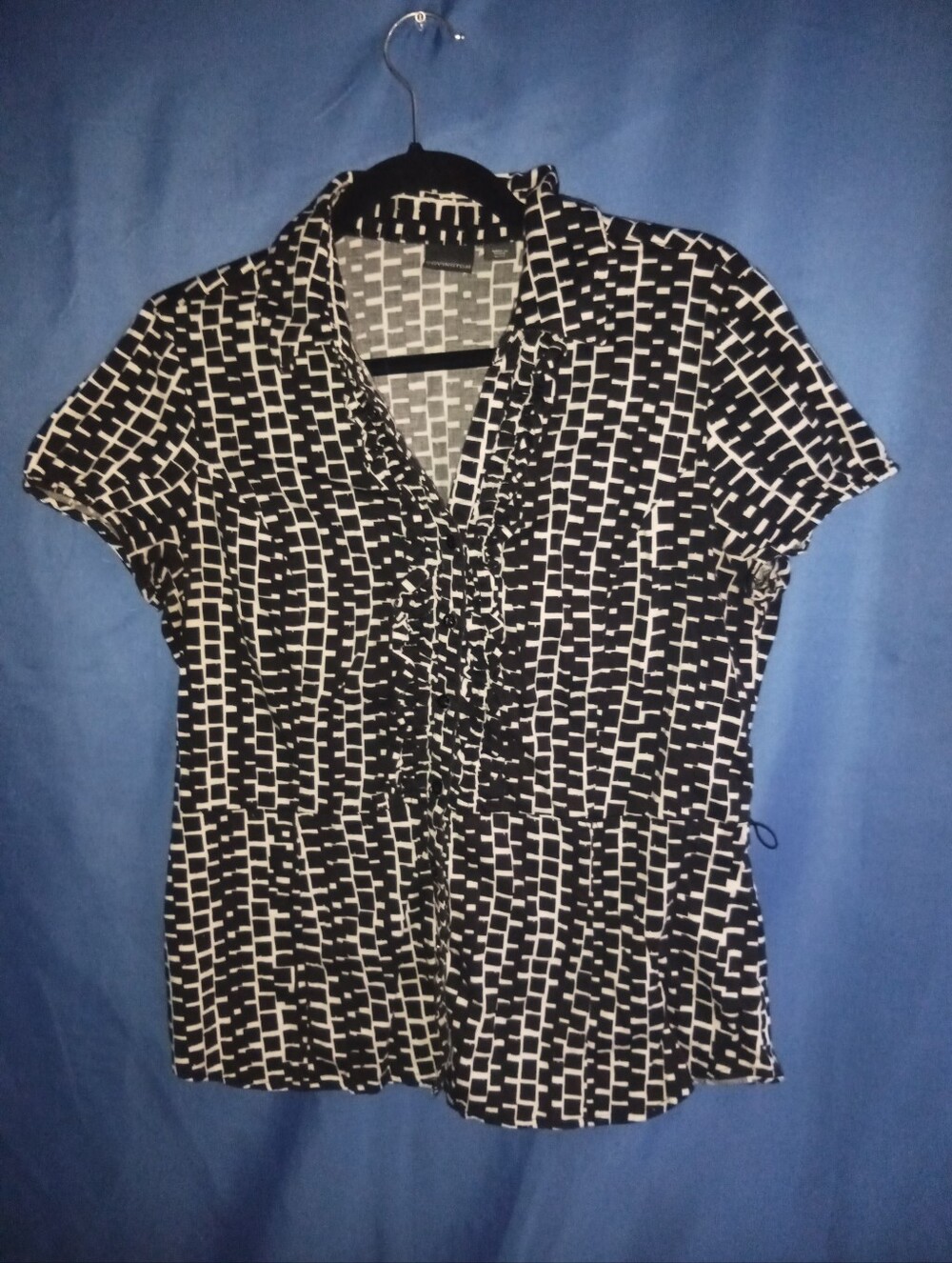 Covington XL Black White Geometric Print Button Front Short Sleeve Blouse